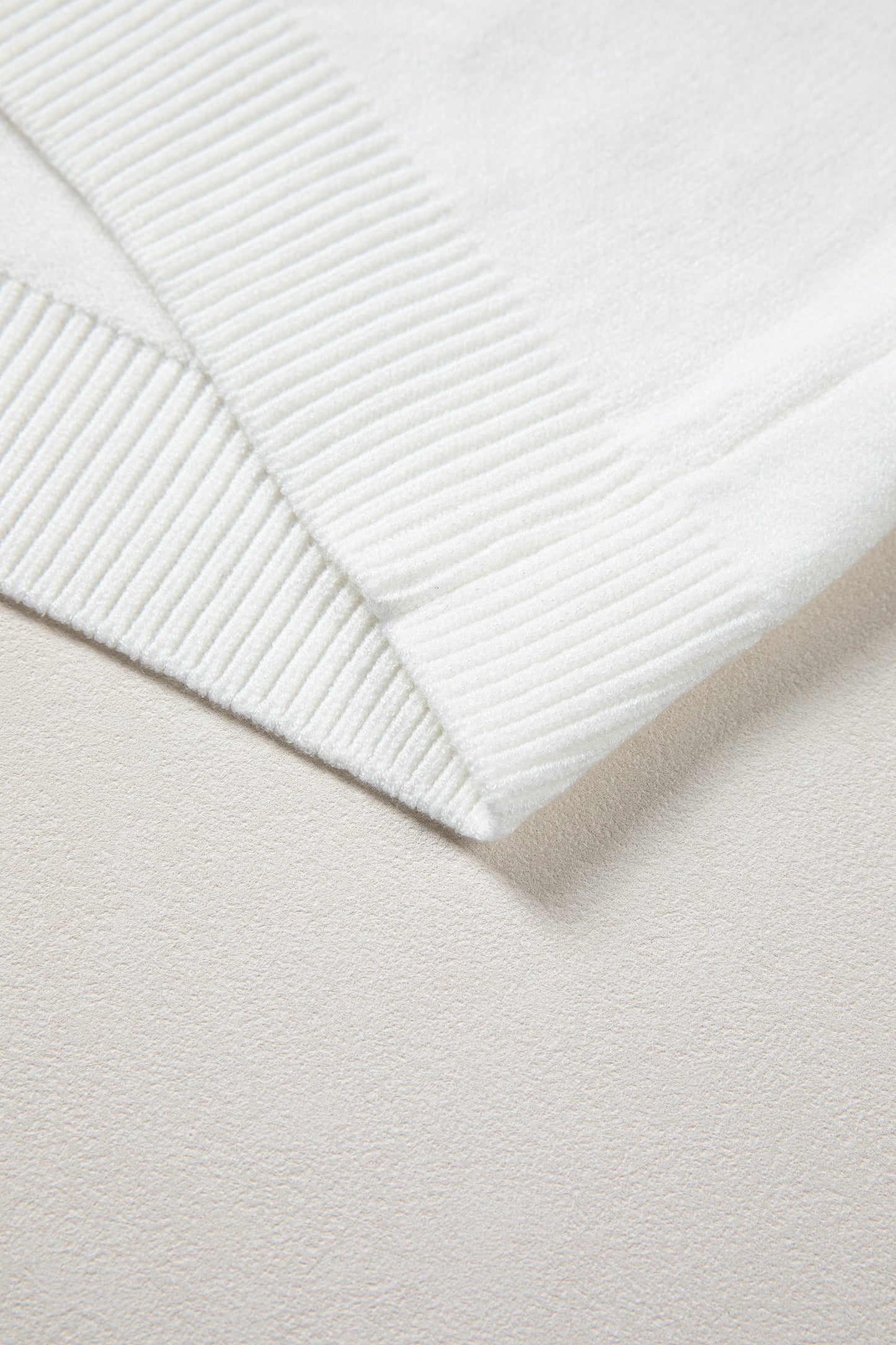 White Corded Horseshoes Ribbed Trim Mock Neck Short Sleeve Sweater