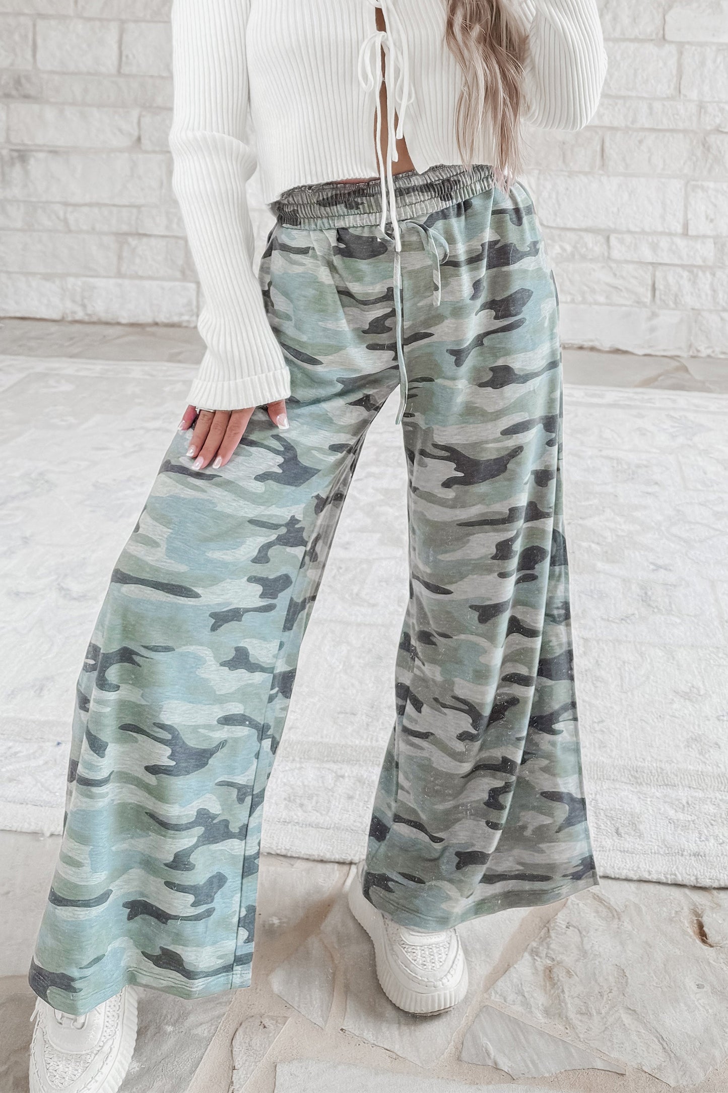 Green Camo Wide Leg Tie Elastic Waist Casual Pants