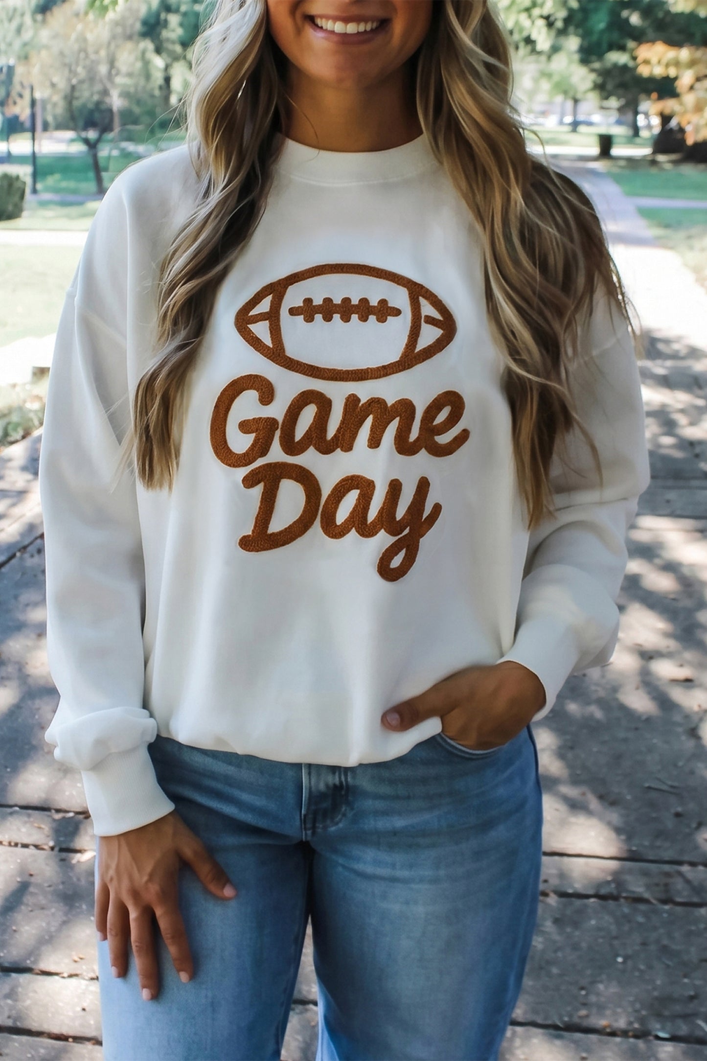 White Embroidered Game Day Sweatshirt