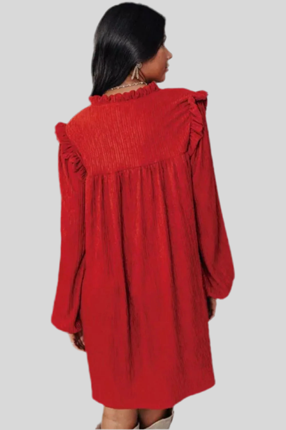 Frill Notched Long Sleeve Dress