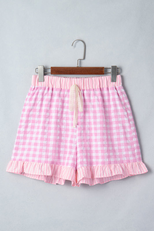 Pink Gingham Print Ruffle Striped Detail Lace Tie Shorts