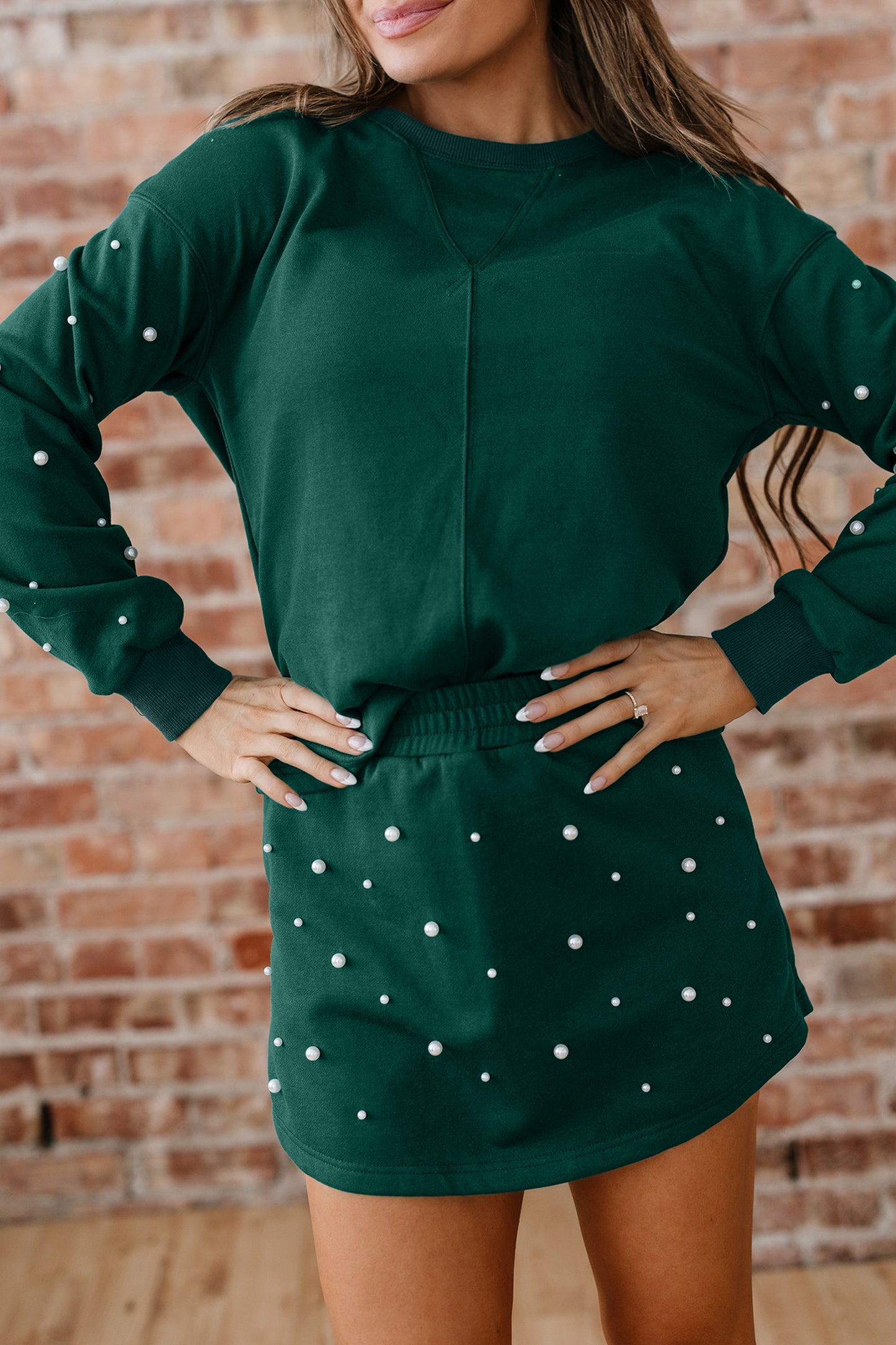 Dark Green Pearl Embellished Drop Shoulder Pullover Elastic Waist Mini Skirt Set