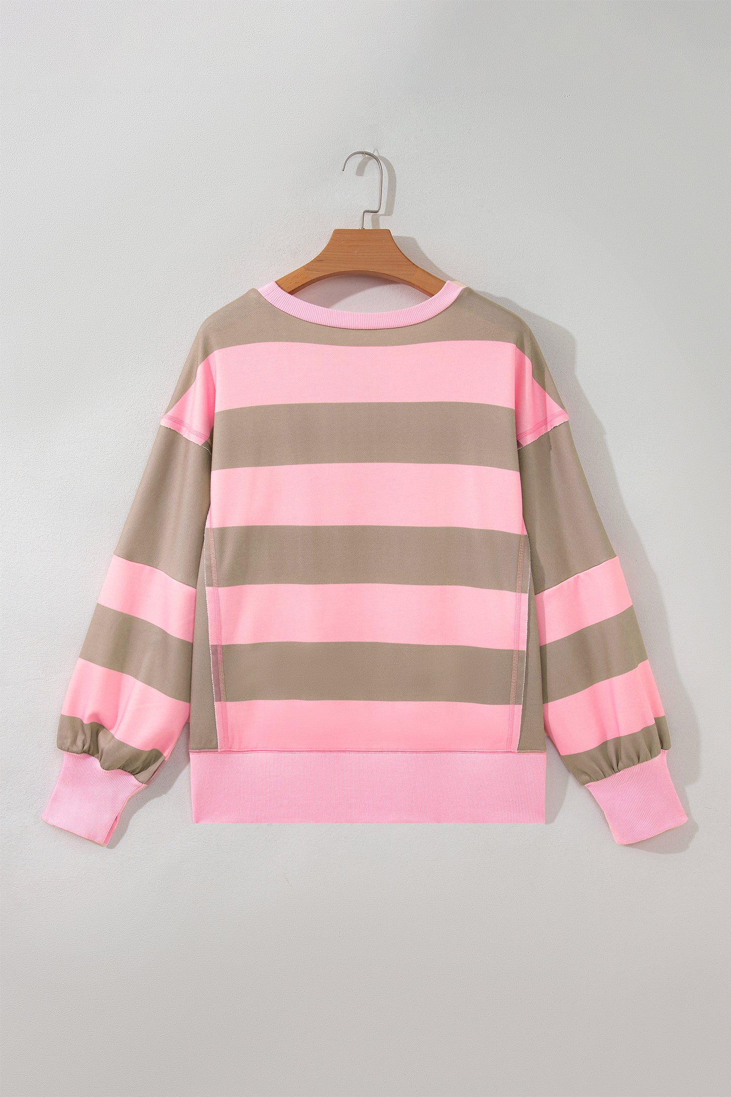 Pink Stripe Striped Colorblock Patch Pocket Split Hem Oversized Long Sleeve Sweatshirt