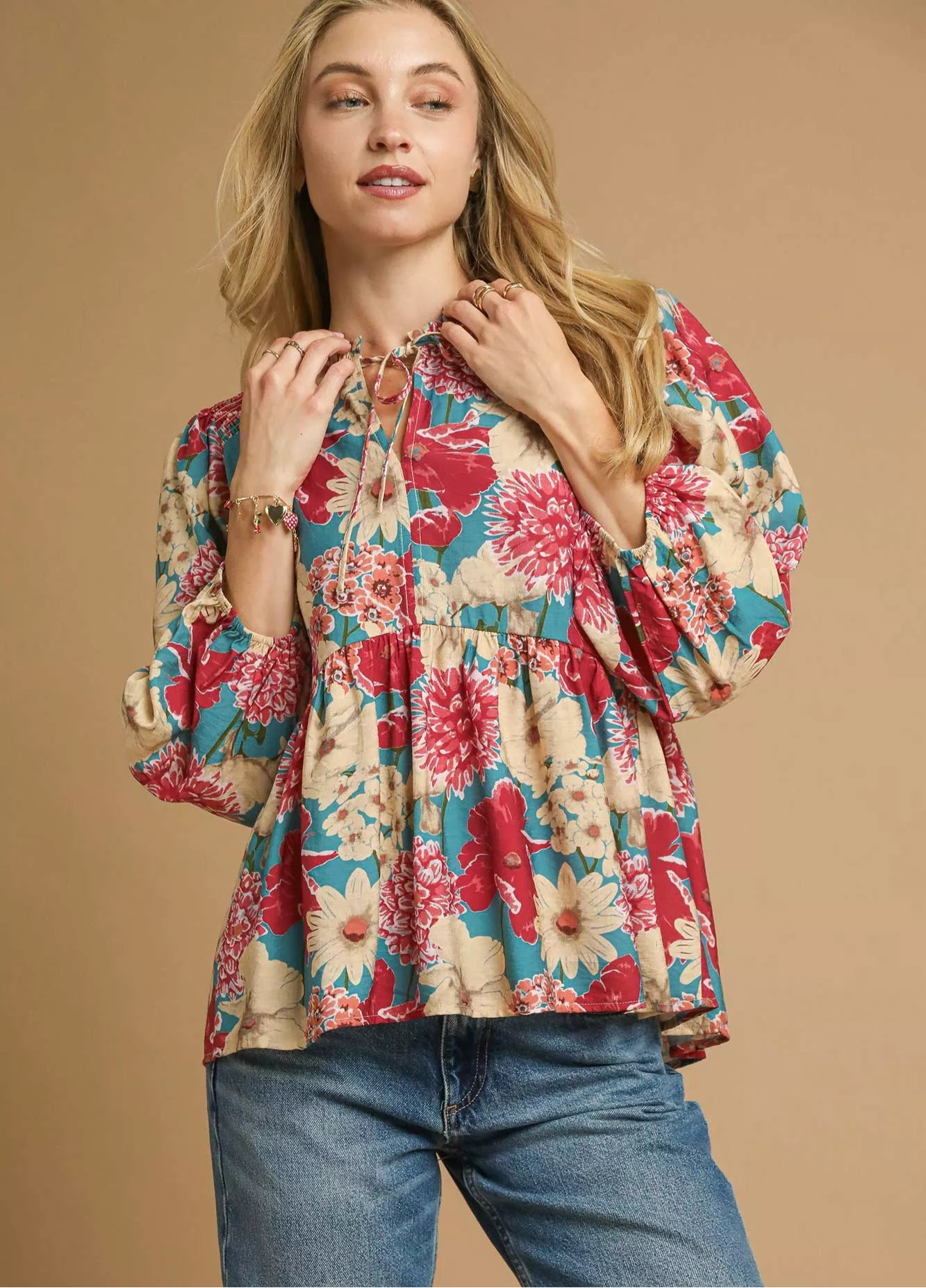 Umgee Mix Floral Peplum Blouse with Tie Neck
