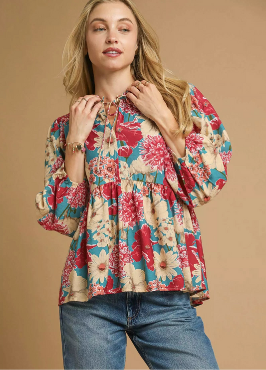 Umgee Mix Floral Peplum Blouse with Tie Neck