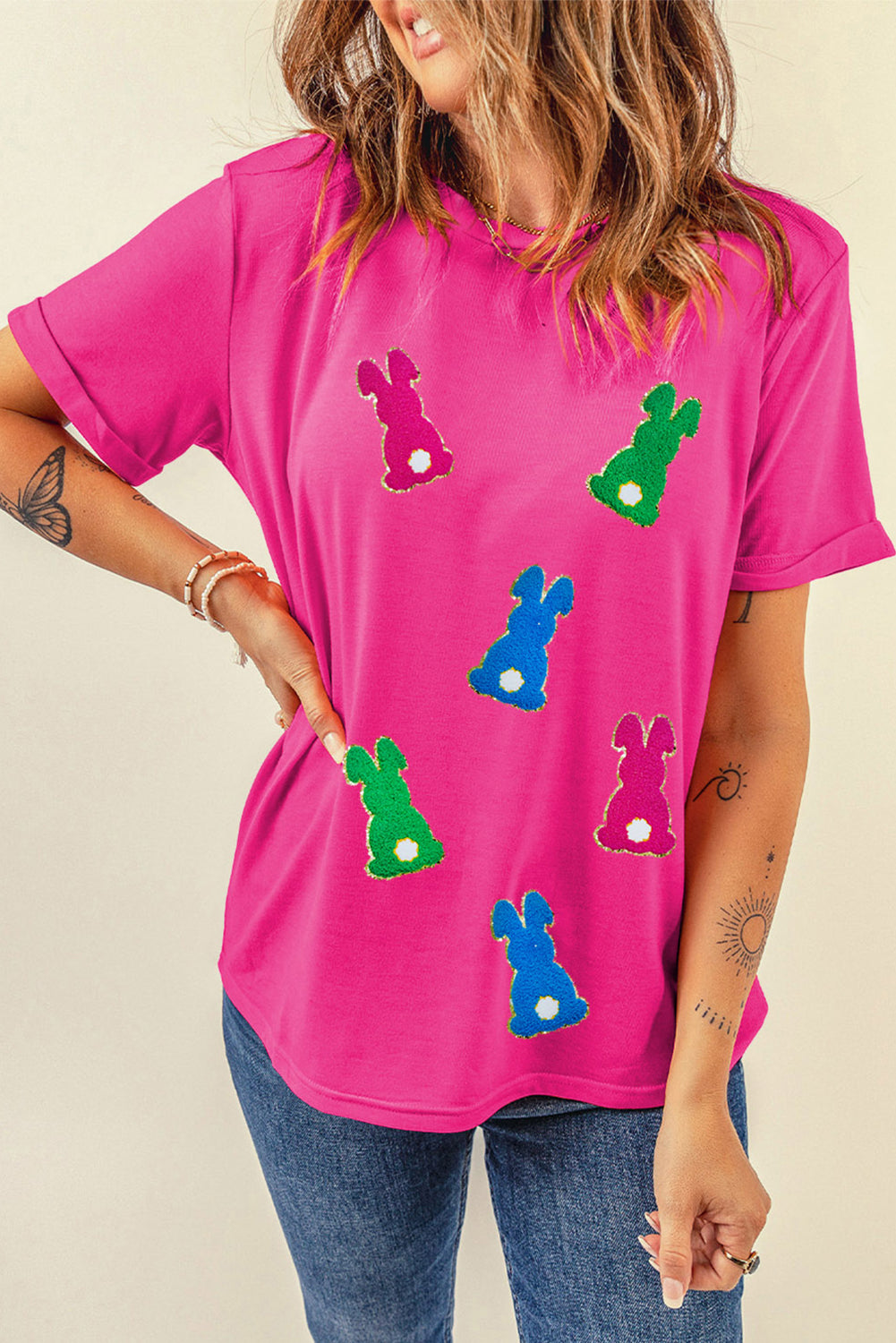 Easter Bunny Patched Pattern Crew Neck Tee