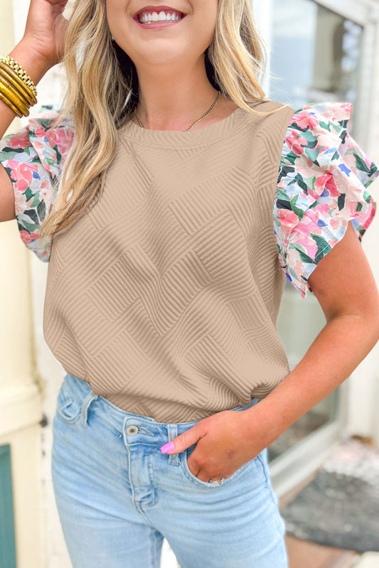 Parchment Abstract Print Tiered Ruffled Sleeve Textured Knit Top