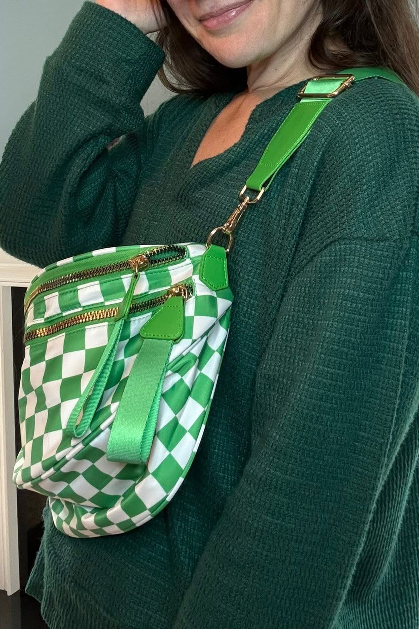 White Checkered Print Wide Strap Large Crossbody Bag
