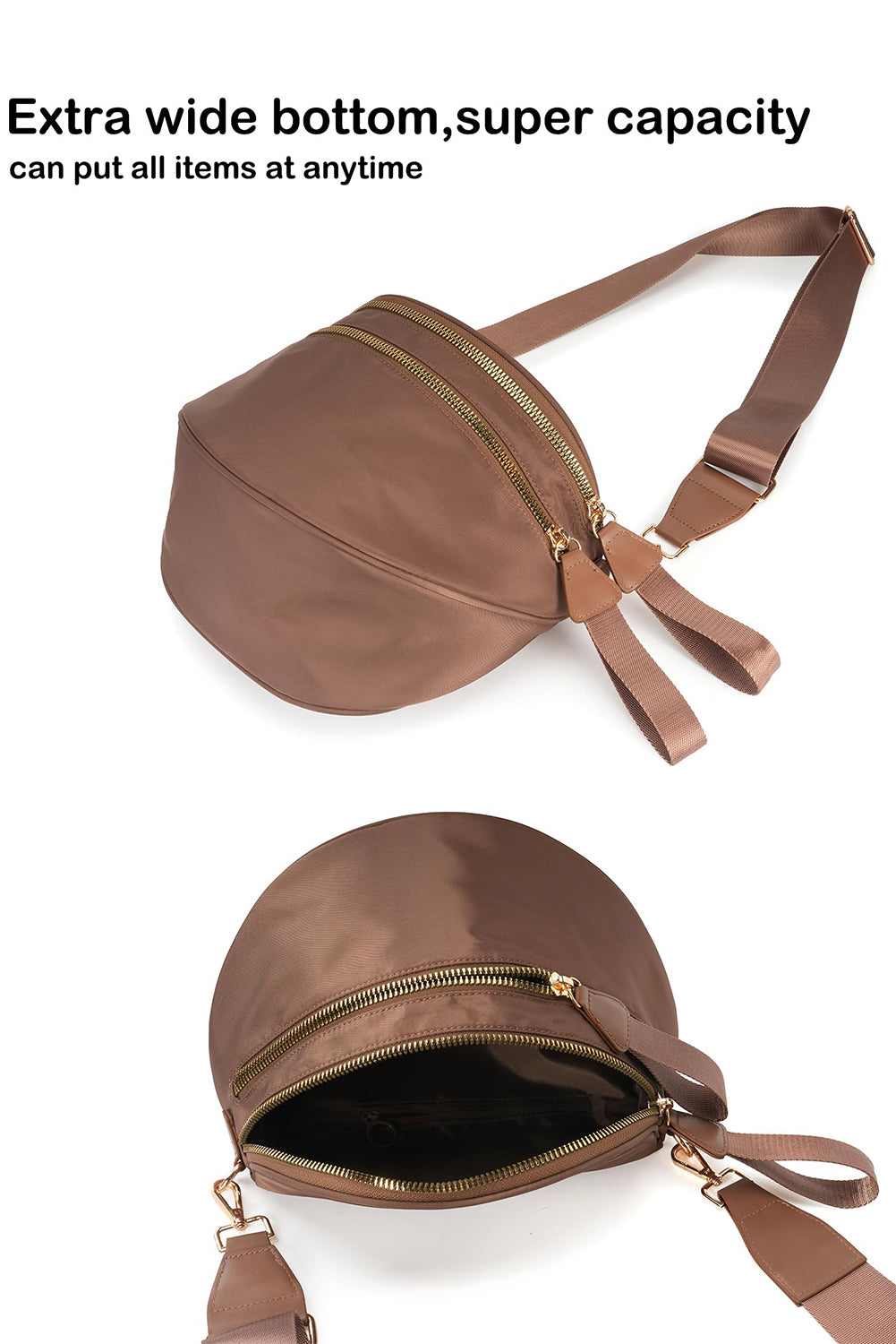 Bright Pink Double Zip Crescent Shape Adjustable Sling Bag