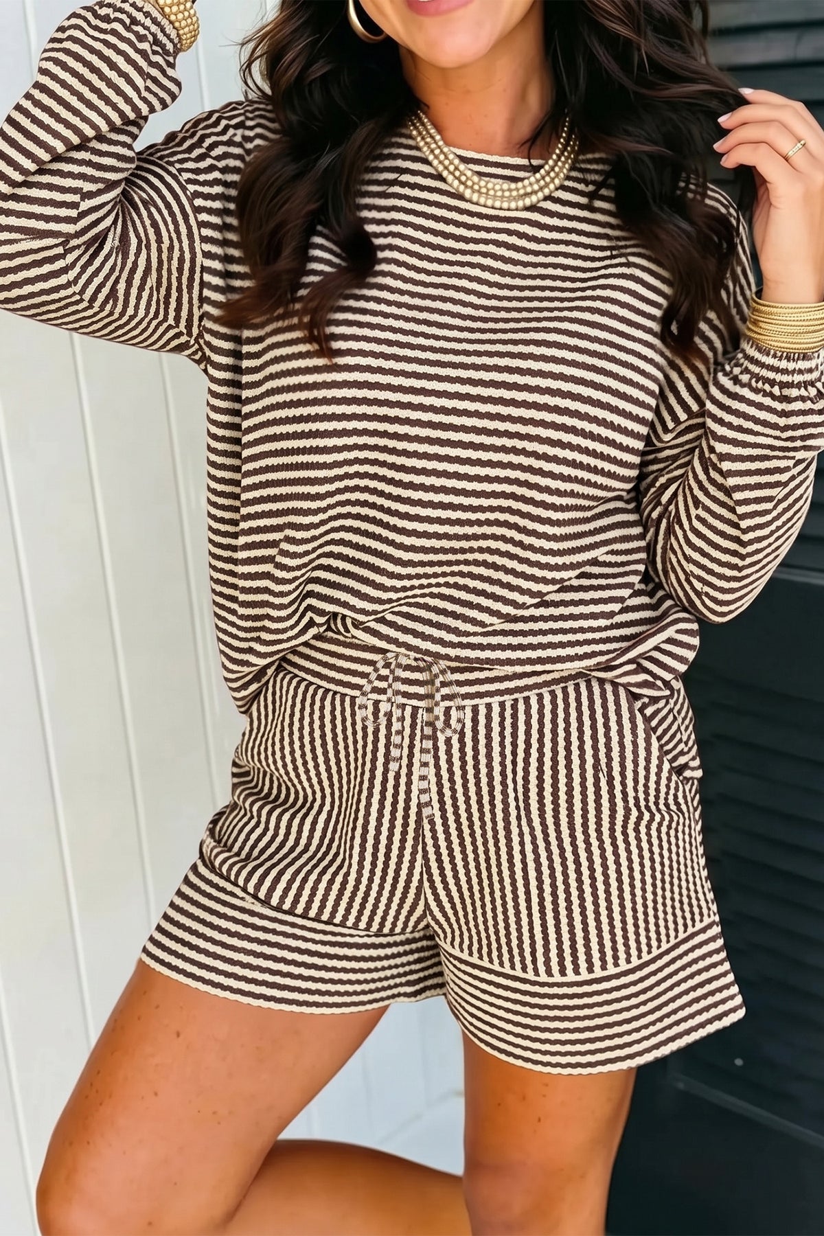Black Stripe Textured Knit Long Sleeve Top Elastic Waist Shorts Casual Outfit