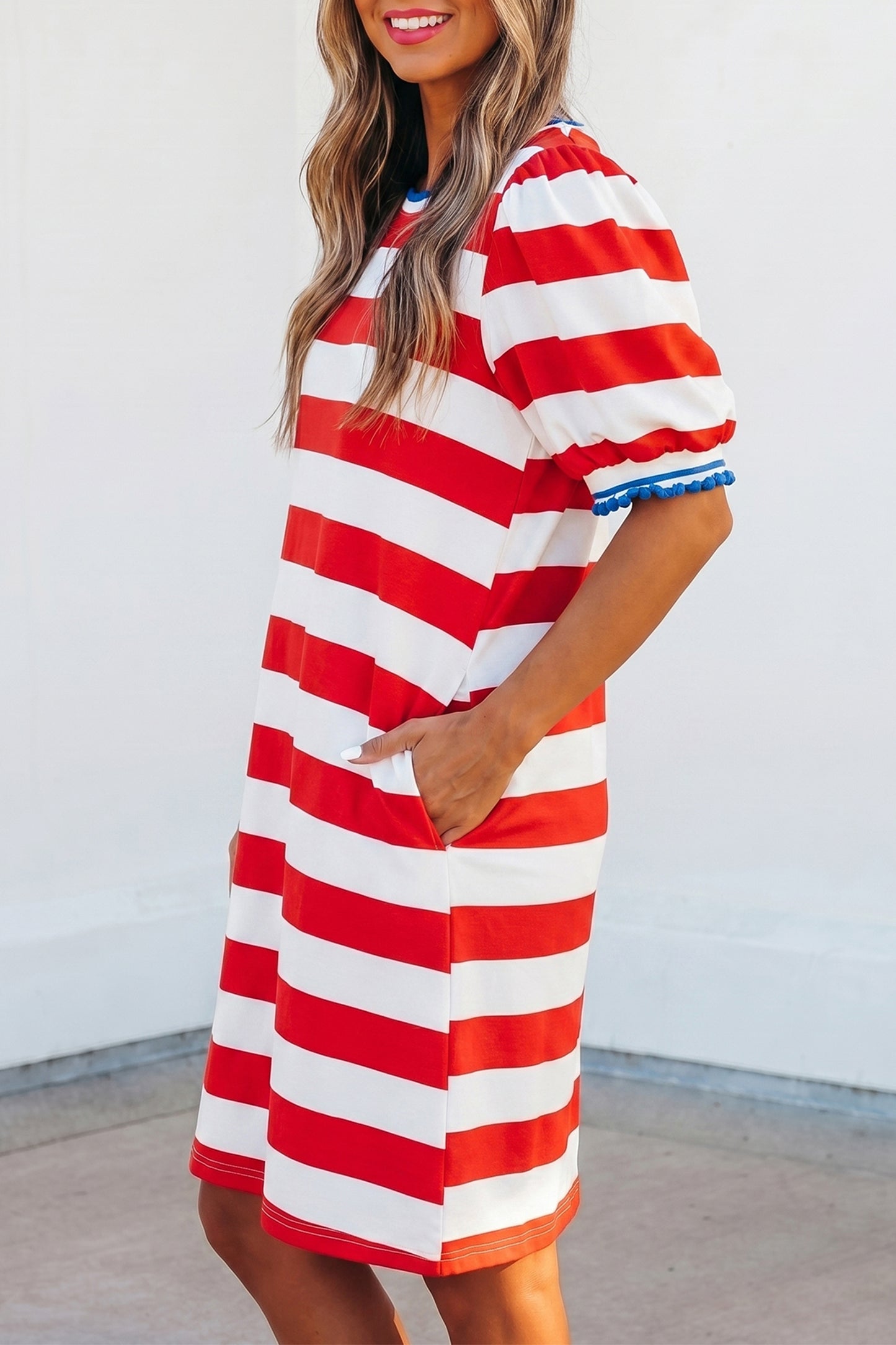 Red Stripe Contrast Trim Round Neck Short Puff Sleeve Shift Dress