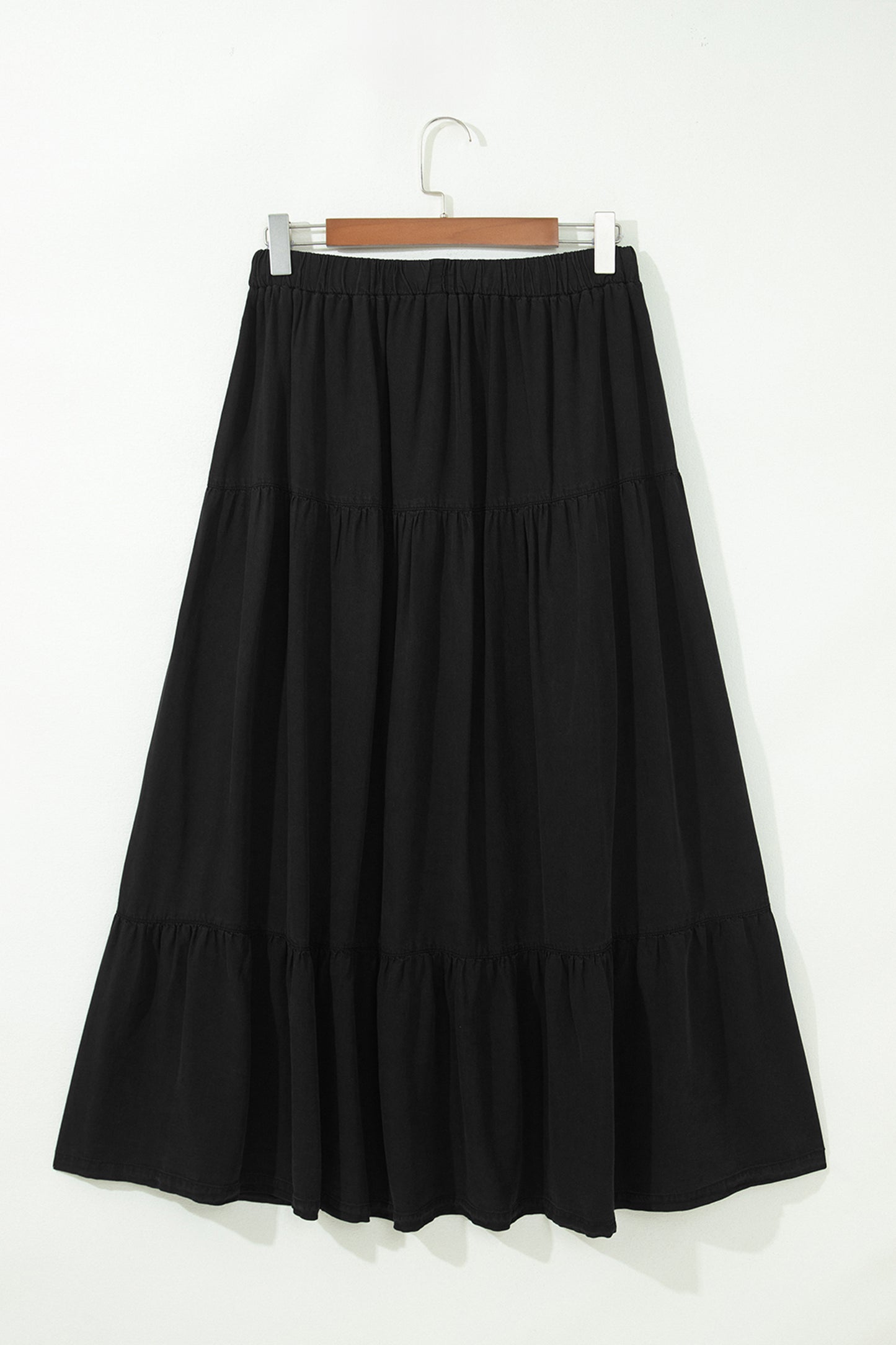 Beau Blue Elastic Waist Ruffled Tiered Flared Denim Maxi Skirt
