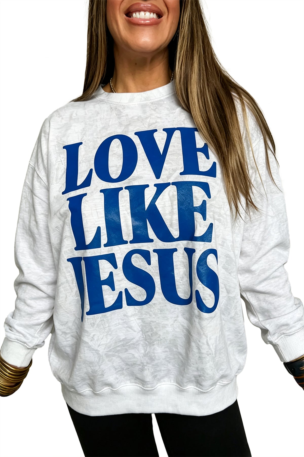 Gray LOVE LIKE JESUS Letter Print Round Neck Light Camo Pullover Sweatshirt
