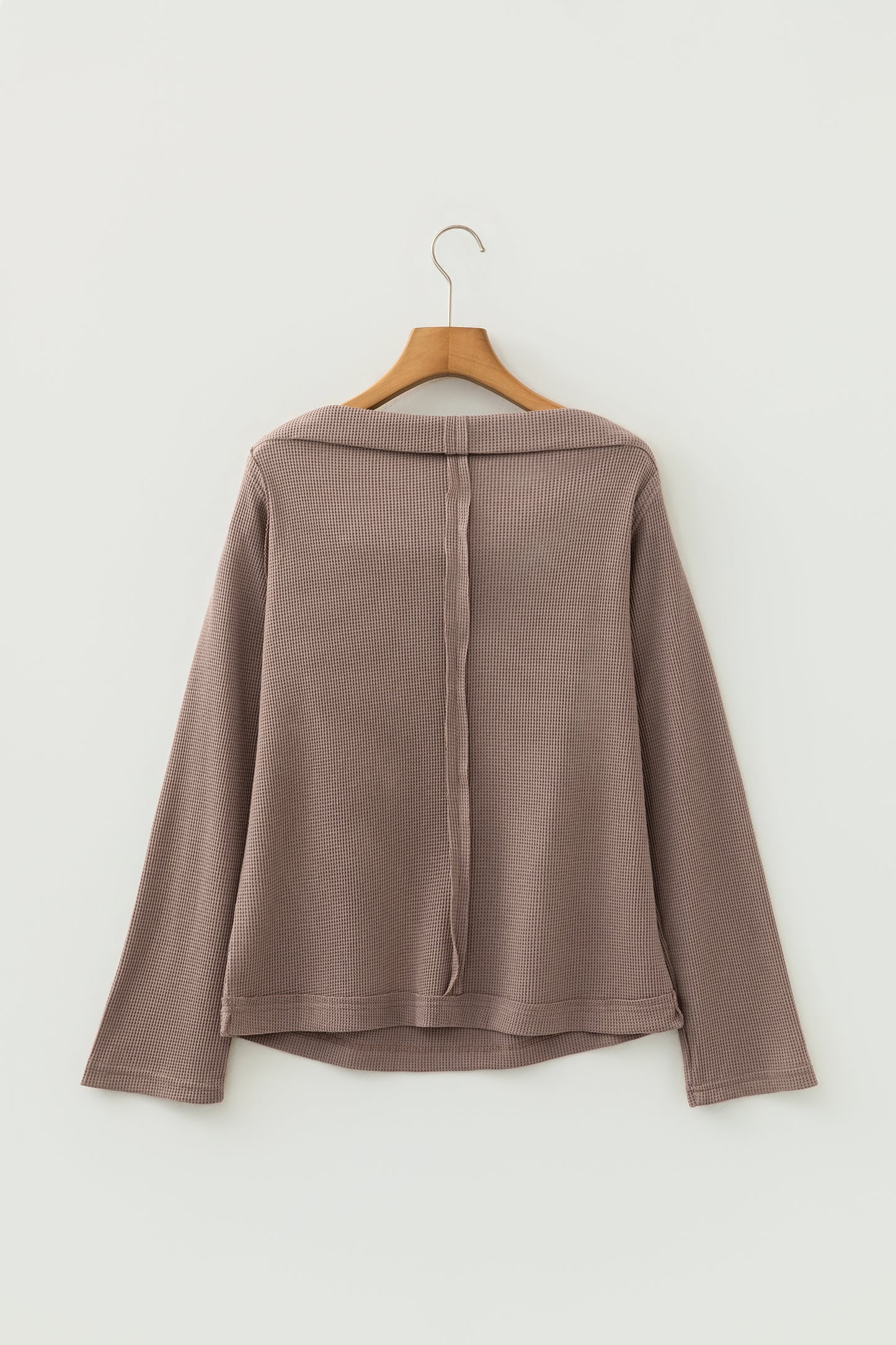 Old Rose Solid Color Waffle Knit Asymmetric Neck Long Sleeve Top