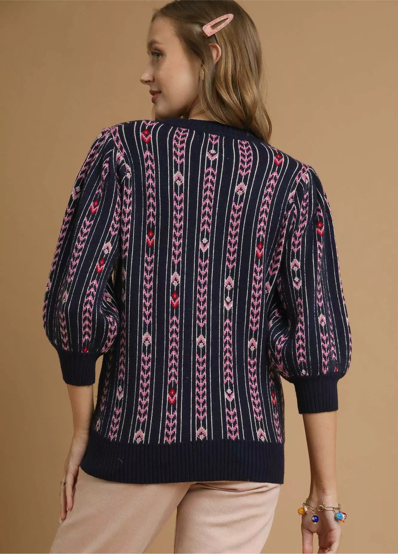 Umgee Jacquard Knit Puff Sleeve Sweater