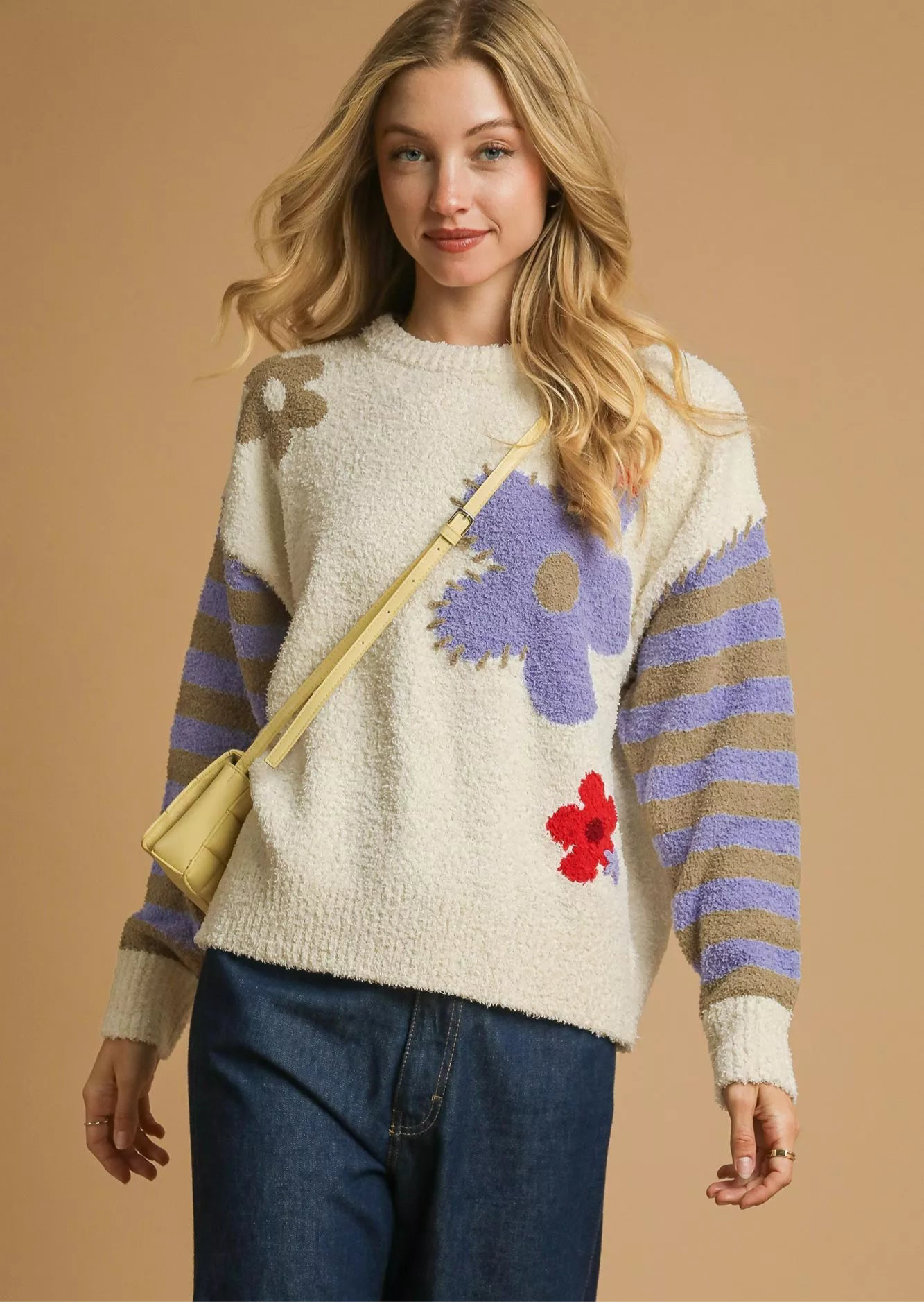 Umgee Flower Jacquard Striped Long Sleeve Sweater