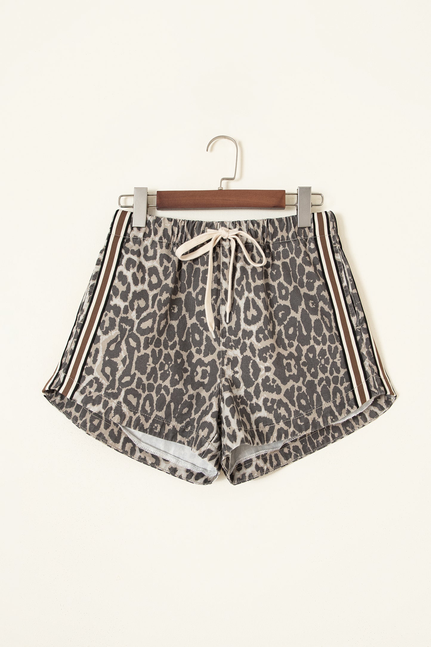 Multicolour Leopard Pattern Striped Detail Drawstring Denim Shorts