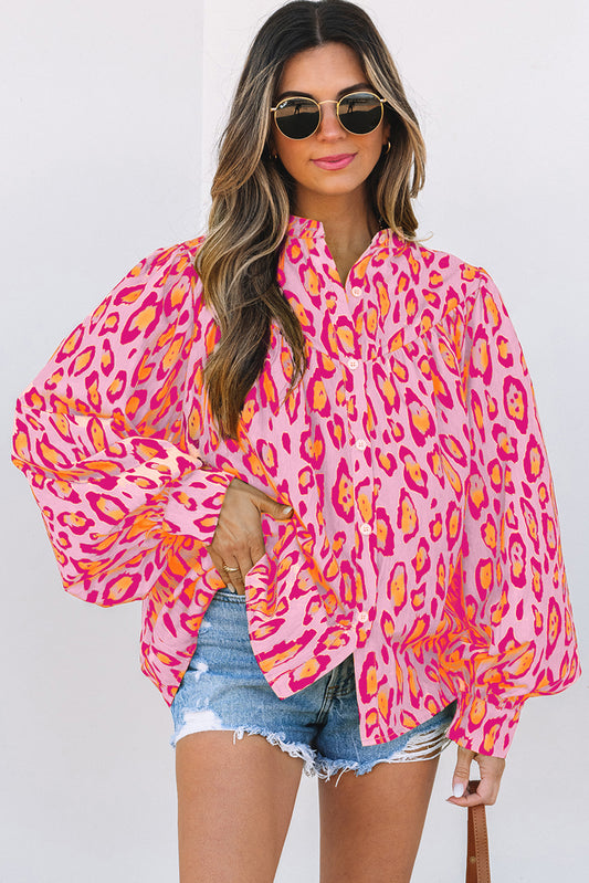 Pink Palms Leopard Button-Up Blouse