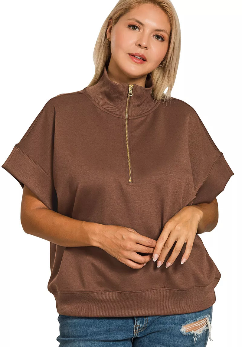 Zenana Full Size Scuba High Neck Half Zip Short Sleeve Top Plus Size