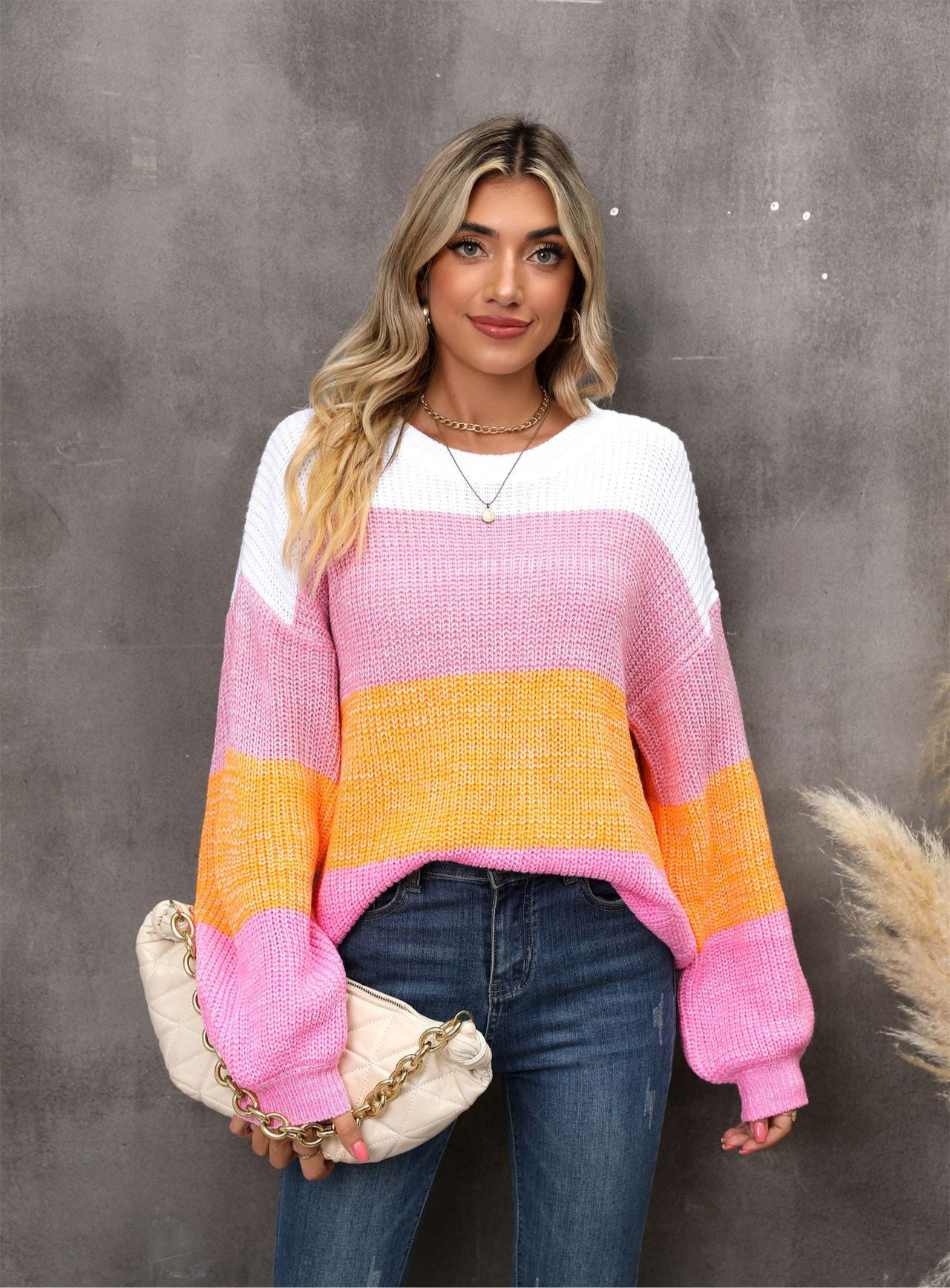 Angel Wings Color Block Round Neck Dropped Shoulder Sweater