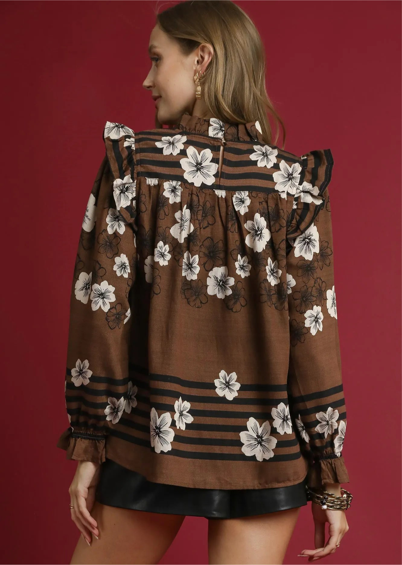 Umgee Full Size Mix Floral Smocked Ruffle Blouse Plus Size