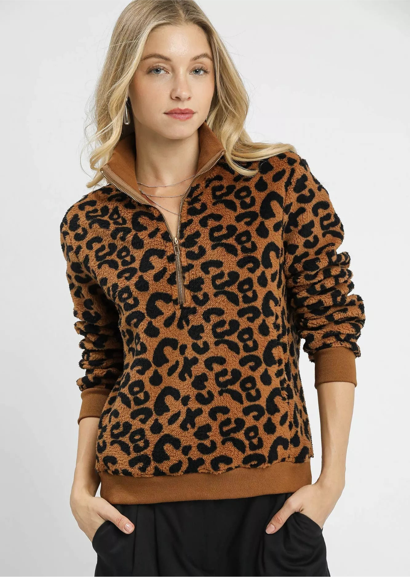 Umgee Leopard Print Quarter-Zip Sweatshirt