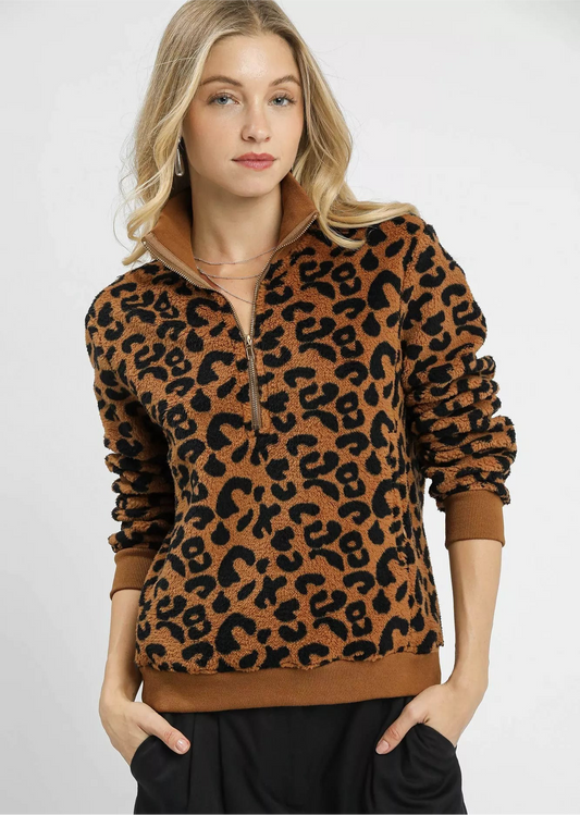 Umgee Leopard Print Quarter-Zip Sweatshirt
