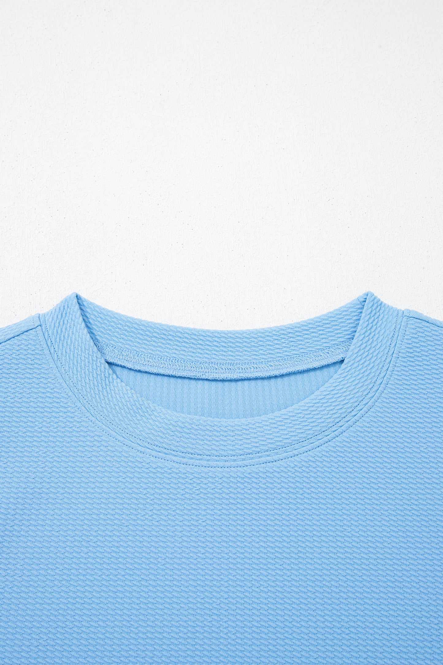 Light Blue Round Neck Textured Contrast Floral Bubble Sleeve Blouse