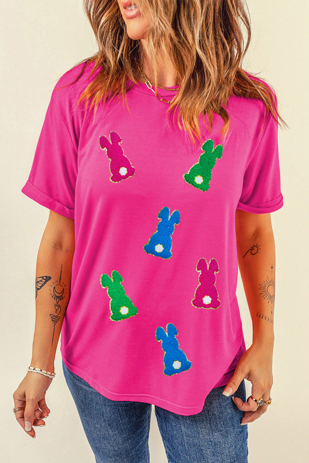 Easter Bunny Patched Pattern Crew Neck Tee