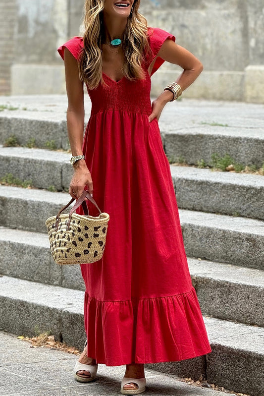 Crimson Charm Smocked Maxi