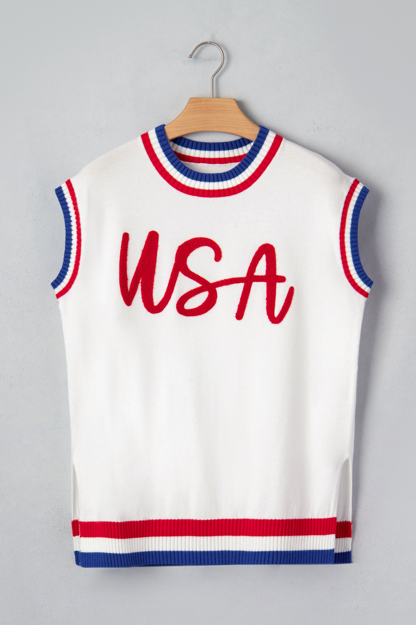 White USA Contrast Striped Trim Round Neck Short Sleeve Sweater