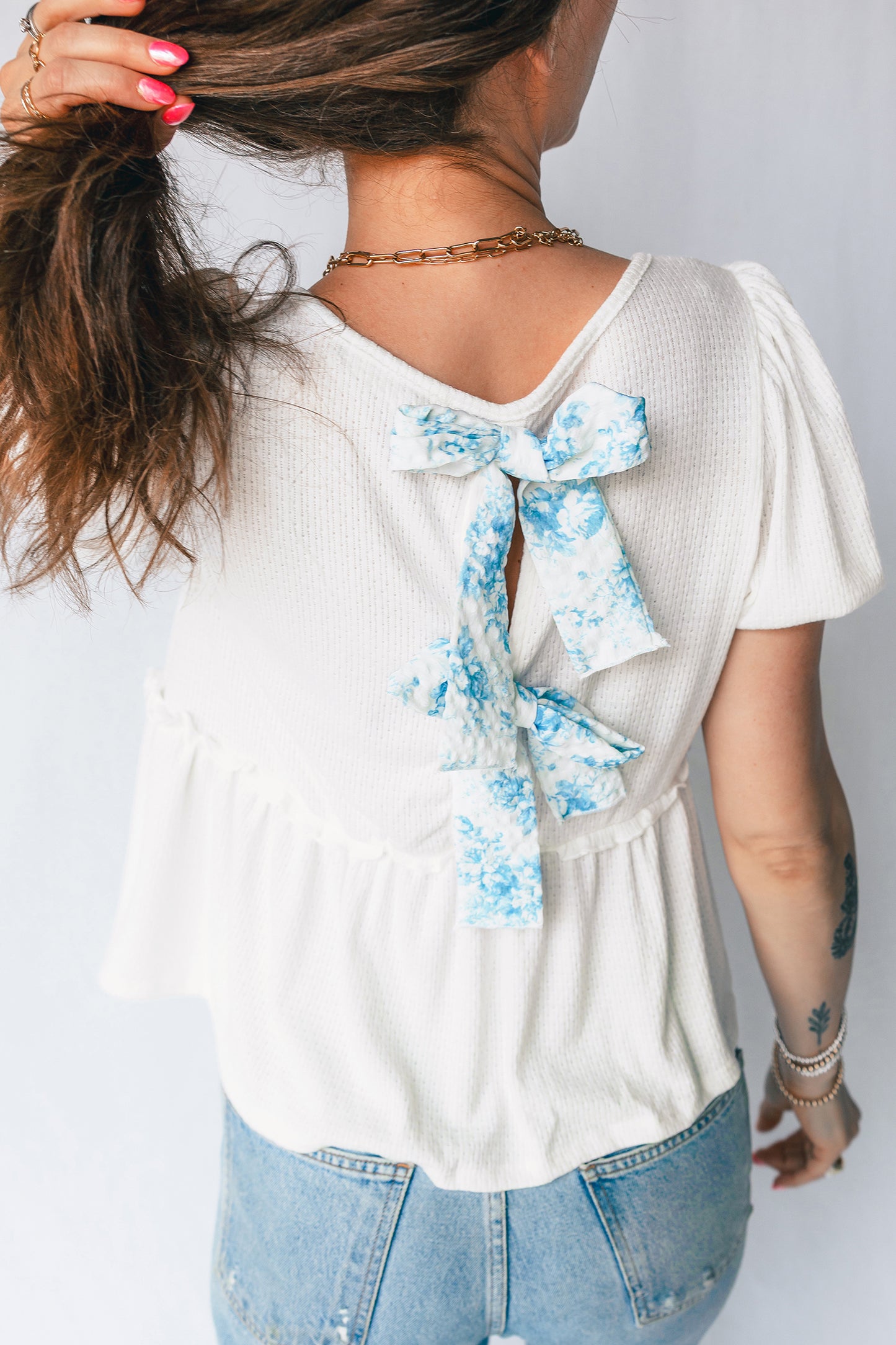 White Bubble Sleeve Peplum Top