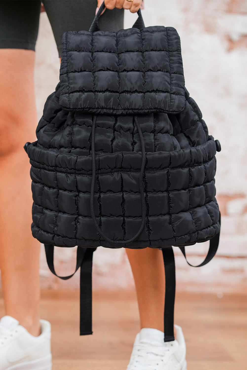 Coffee Solid Flapped Quilted Puffer Backpack