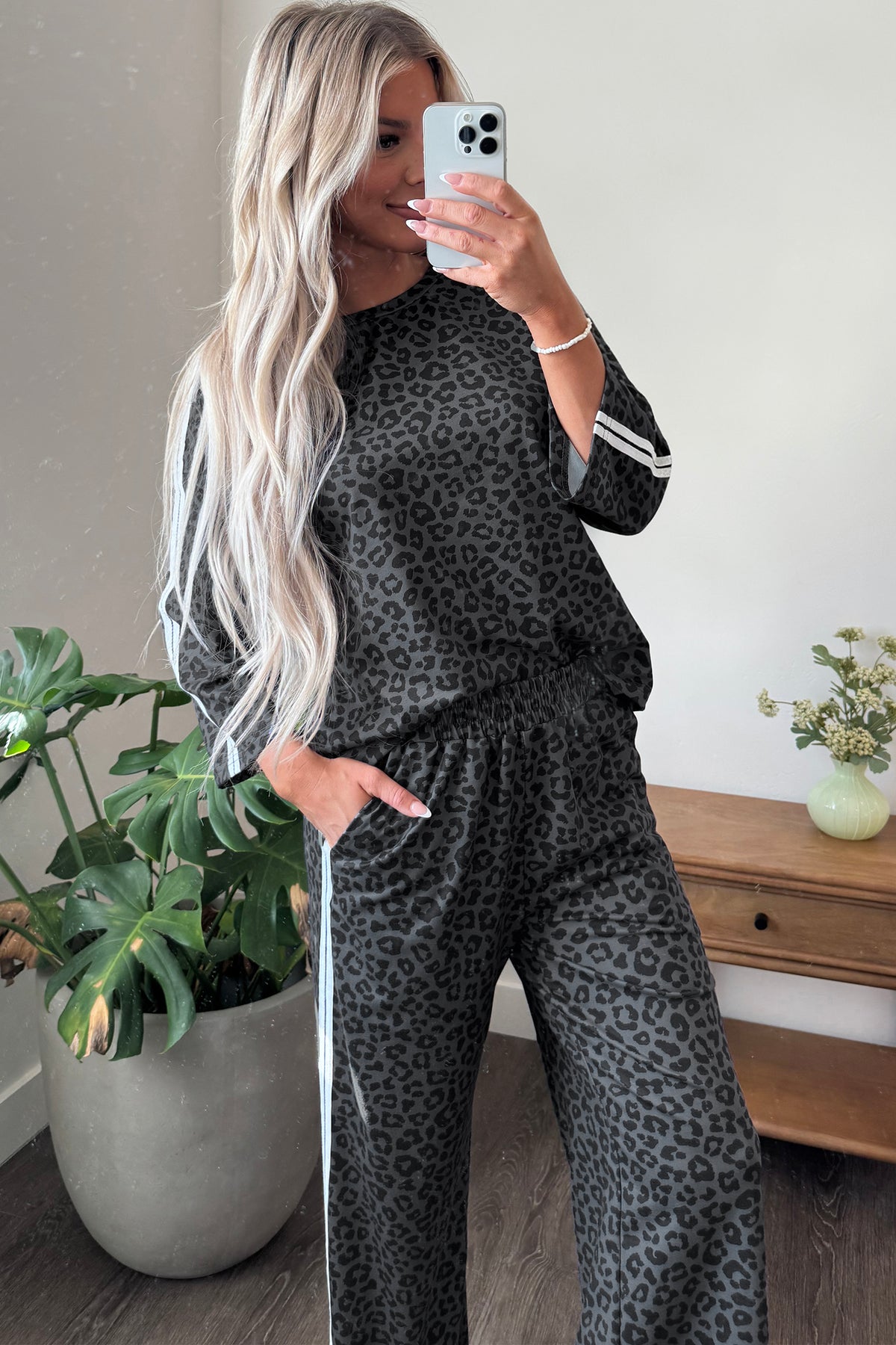 Pink Leopard Print Varsity Striped Detail 3/4 Sleeve Top Shift Pant Set