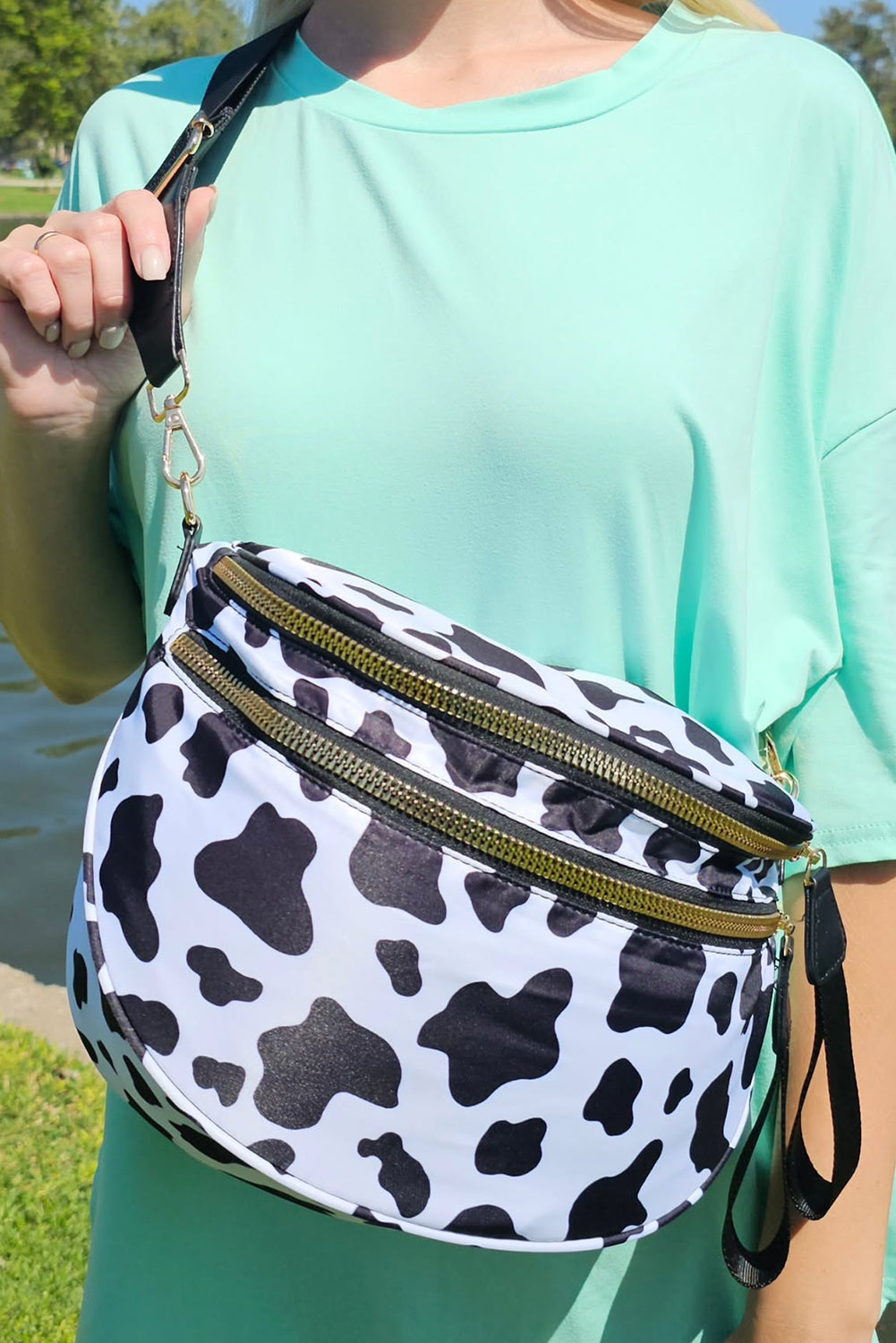 White Checkered Print Wide Strap Large Crossbody Bag