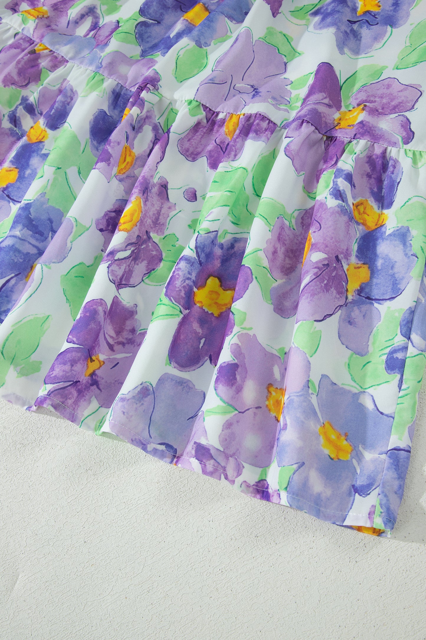 Purple Floral V Collar Short Sleeve Tiered Ruffle Mini Dress