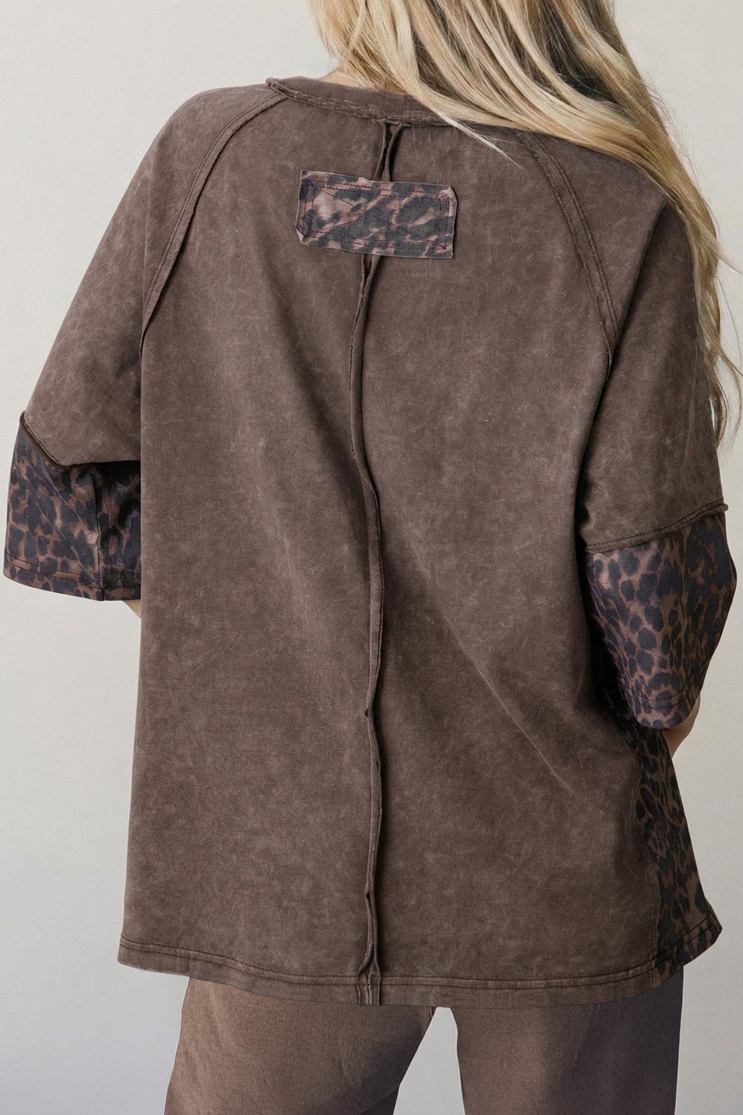 Mineral Wash Exposed Seam Leopard Star Patched T Shirt
