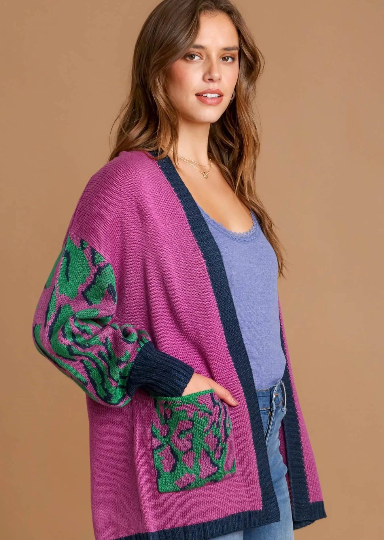 Umgee Animal Print Open Front Sweater Cardigan