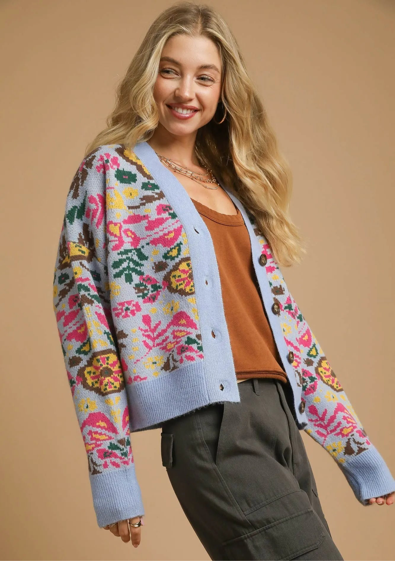 Umgee Floral Knit Button-Up Cardigan