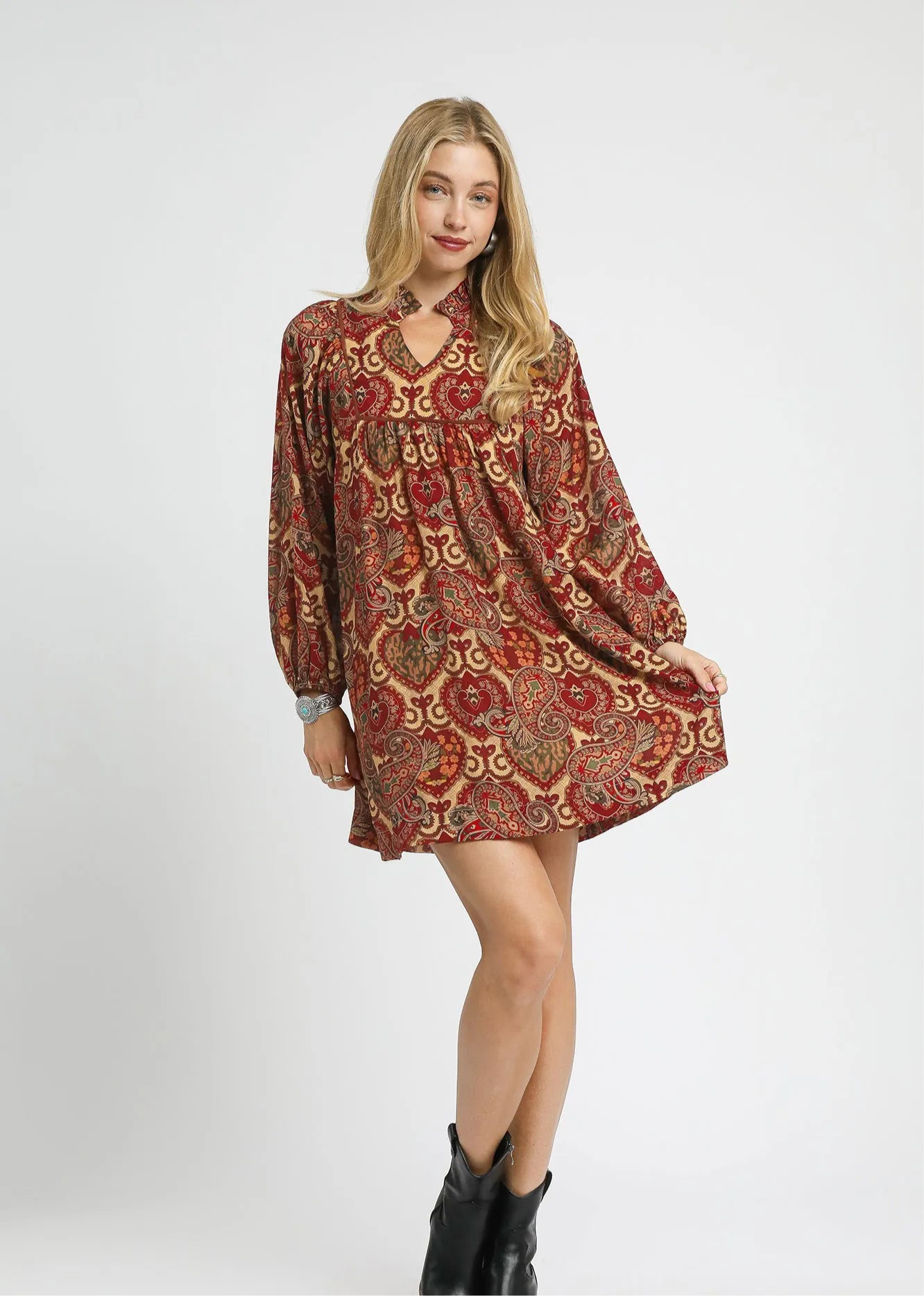 Umgee Boho Mix Paisley Babydoll Dress