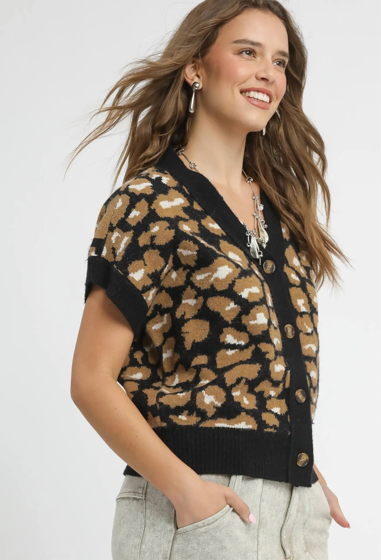 Umgee Leopard Button Down Short Sleeve Cardigan