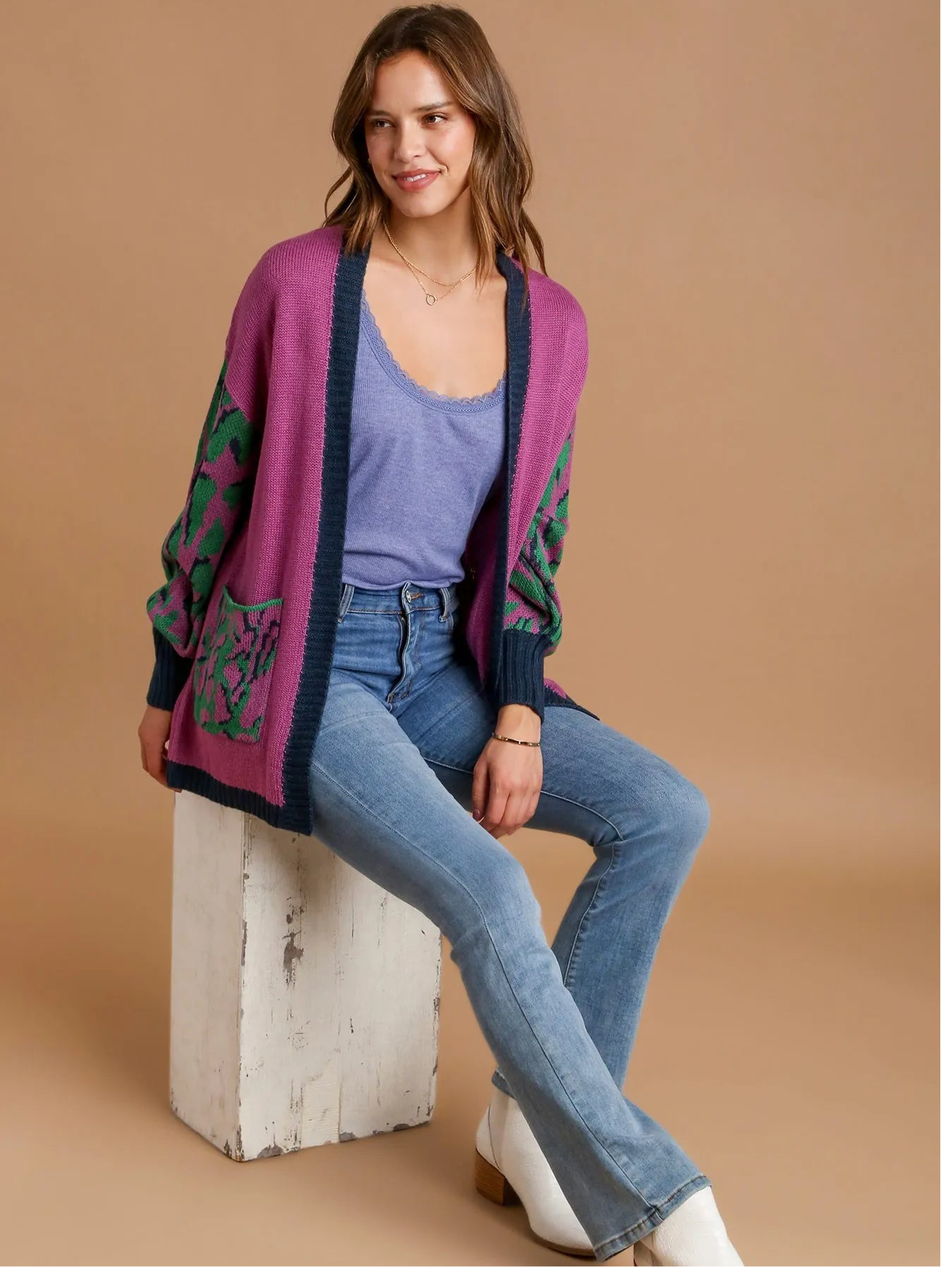 Umgee Animal Print Open Front Sweater Cardigan