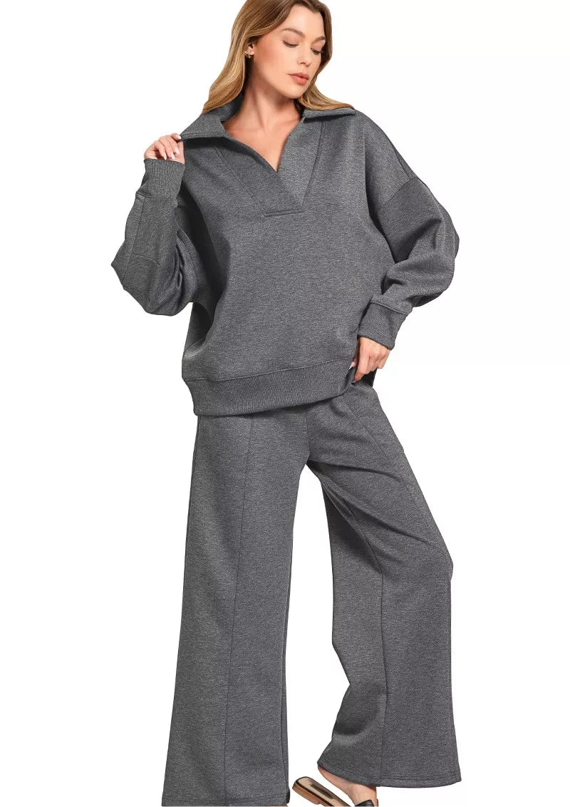 Zenana Scuba Collared Pullover and Pants Set