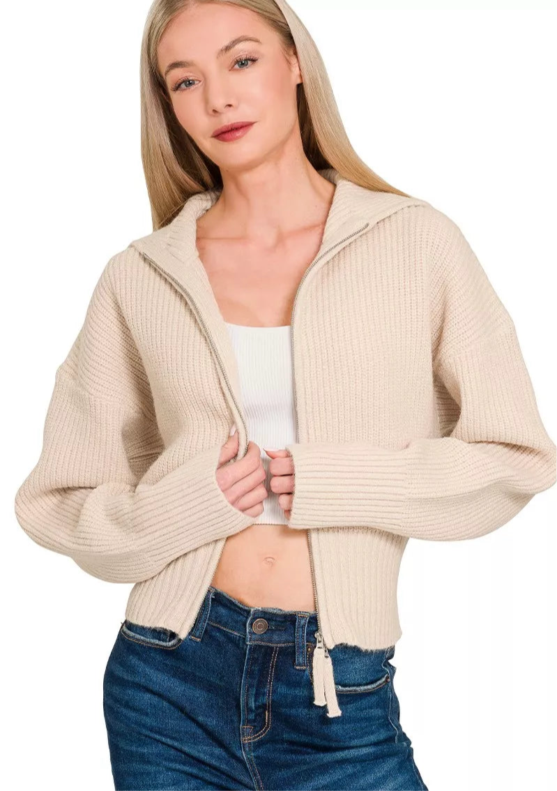 Zenana Ribbed Collared Zip Up Sweater Cardigan