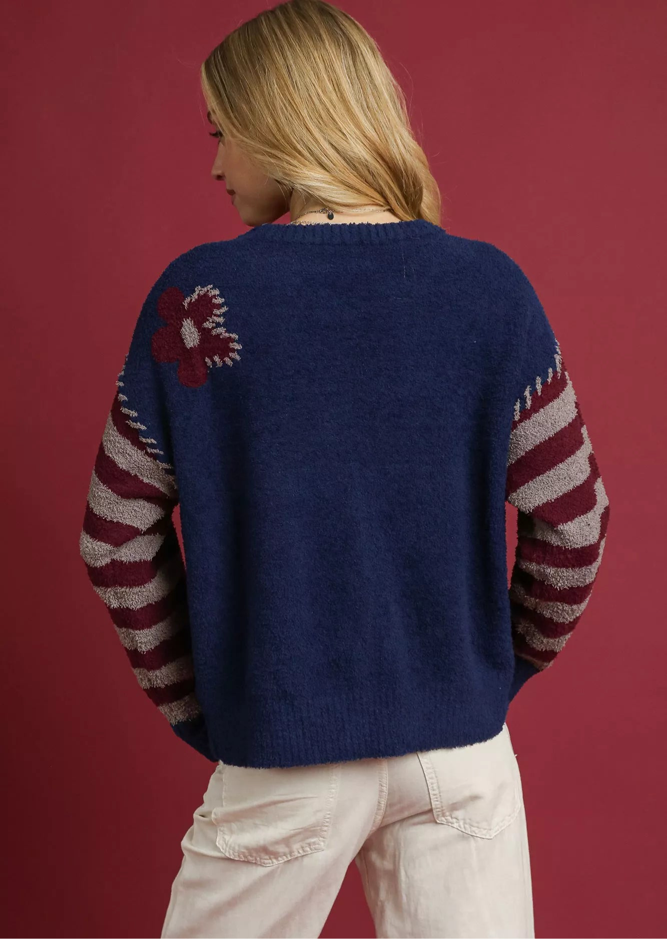 Umgee Flower Jacquard Striped Long Sleeve Sweater