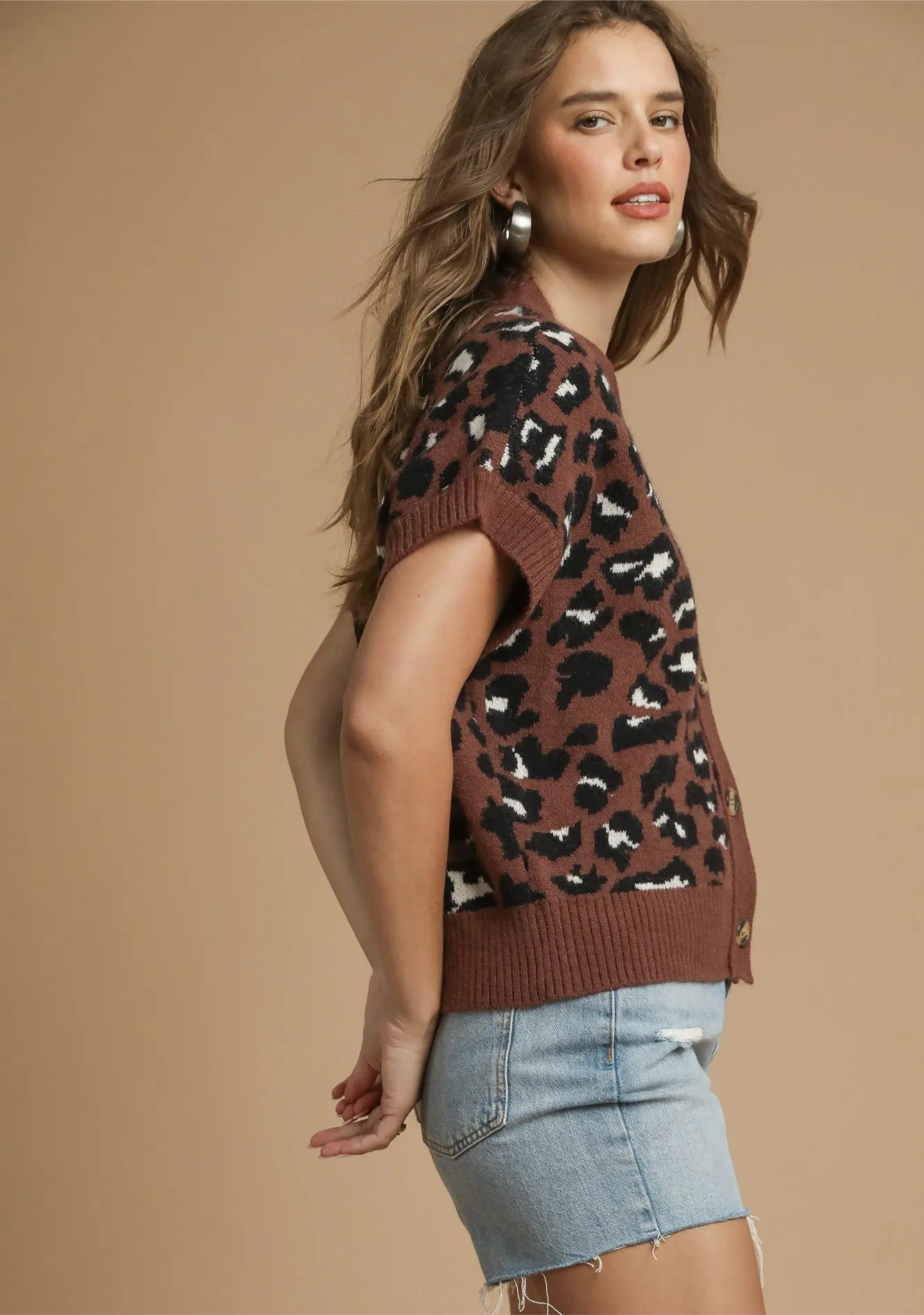 Umgee Leopard Button Down Short Sleeve Cardigan