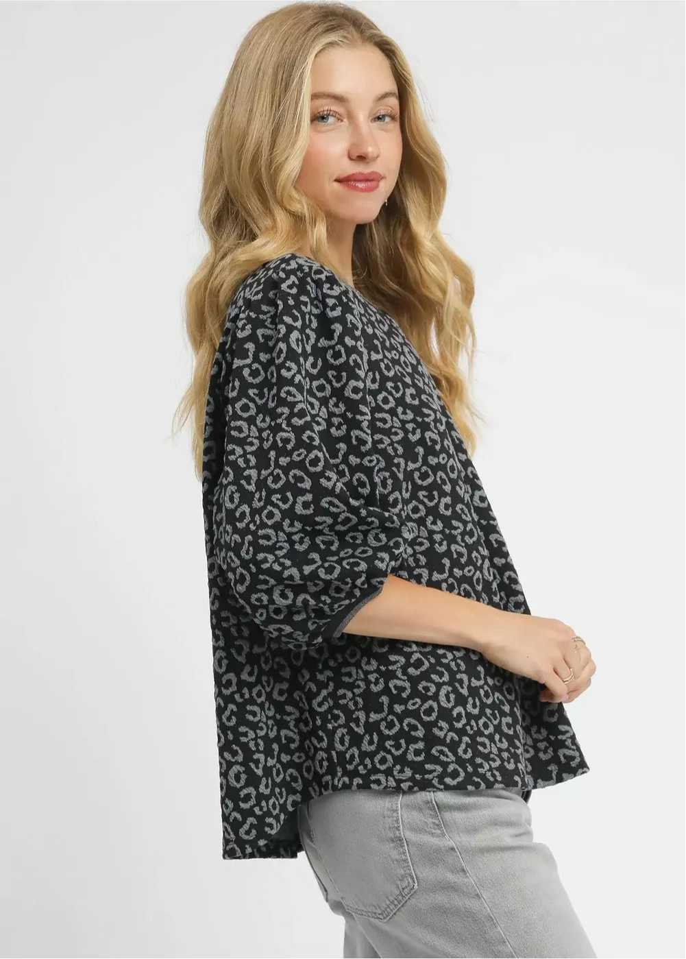 Umgee Leopard Print Jacquard Blouse with Puff Sleeves