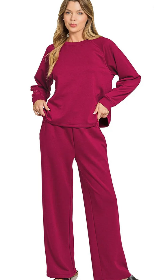 Zenana Scuba Crewneck Sweatshirt and Pants Set