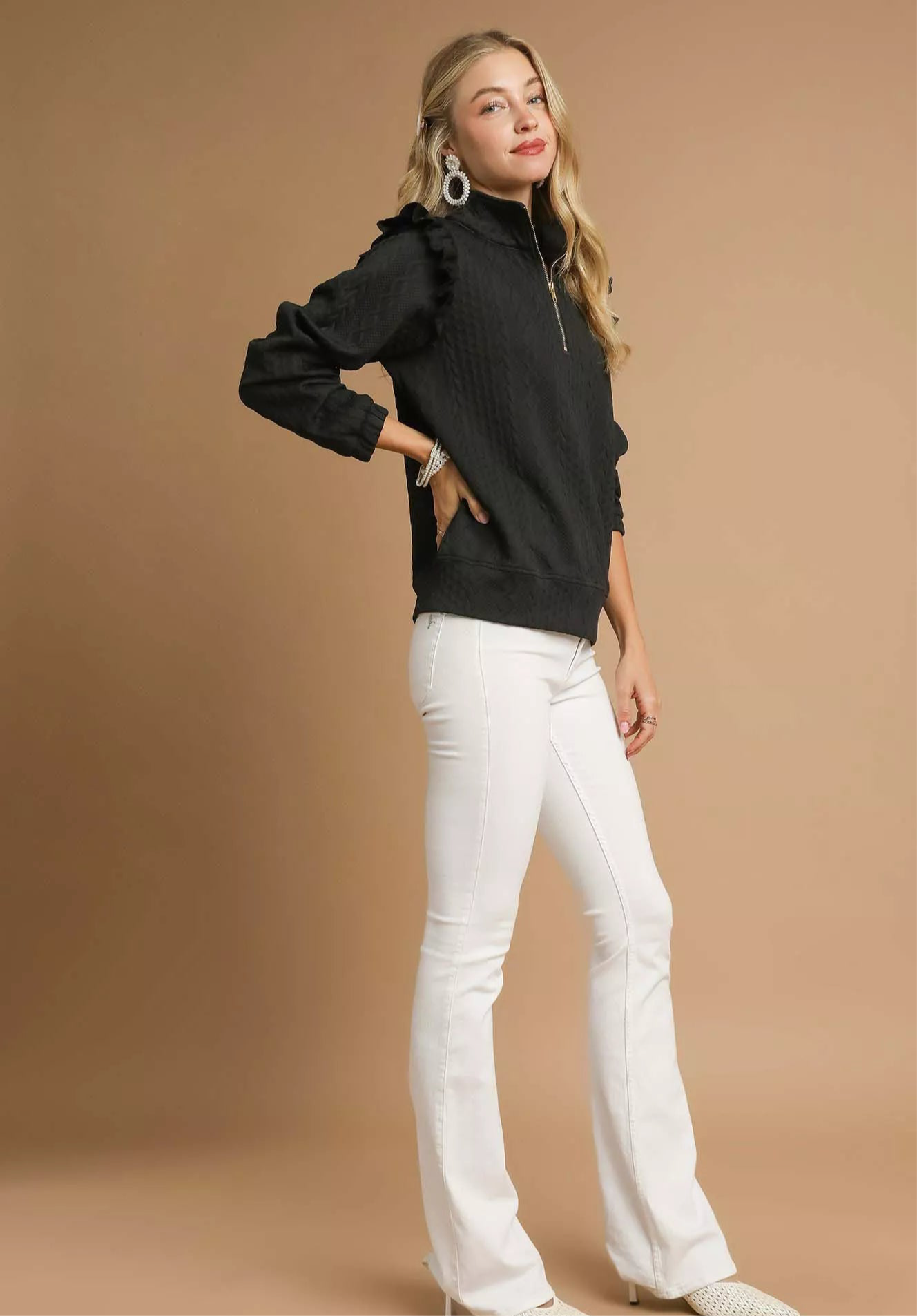 Umgee Cable Knit Textured Pullover with Ruffle Shoulders