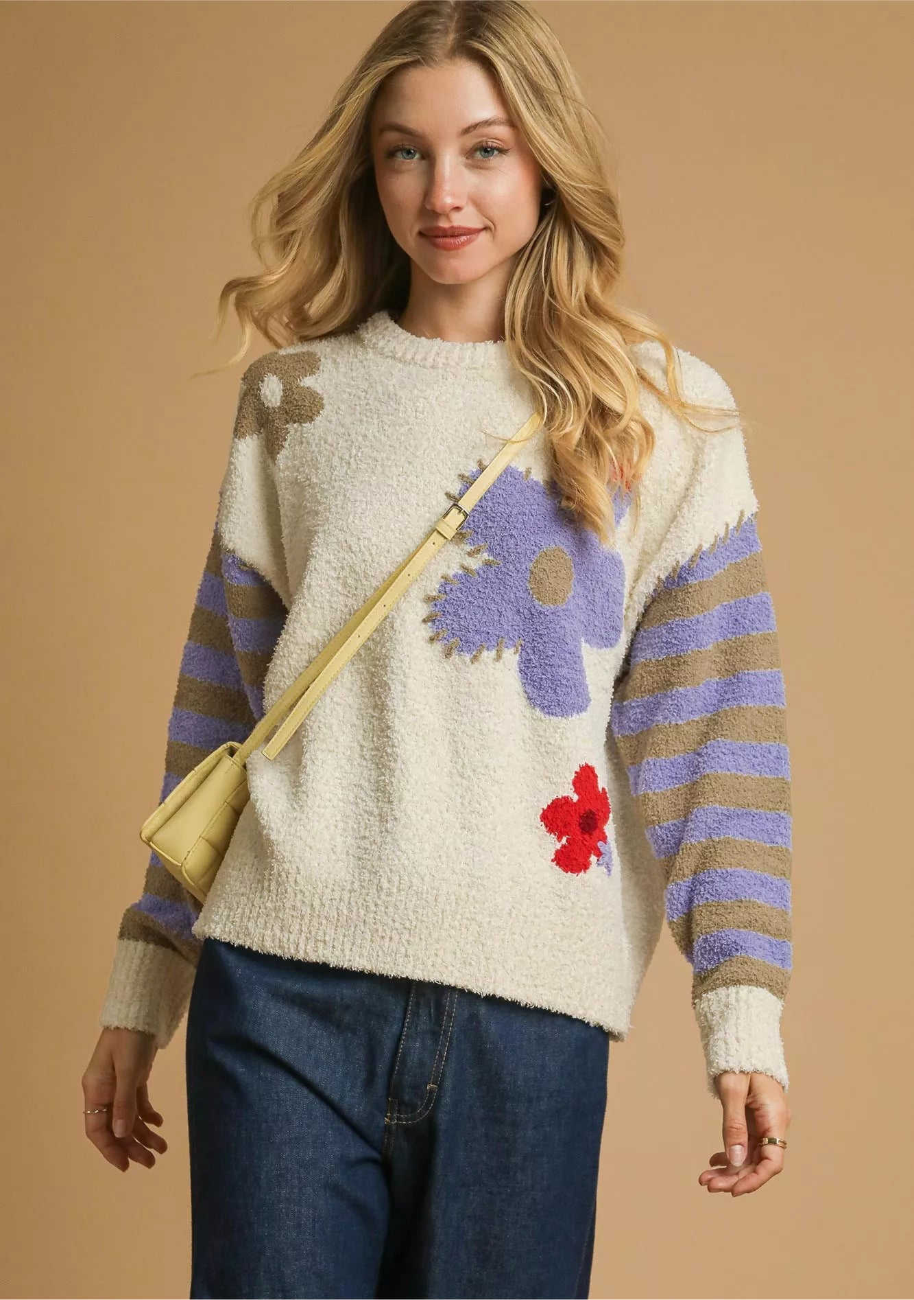 Umgee Flower Jacquard Striped Long Sleeve Sweater